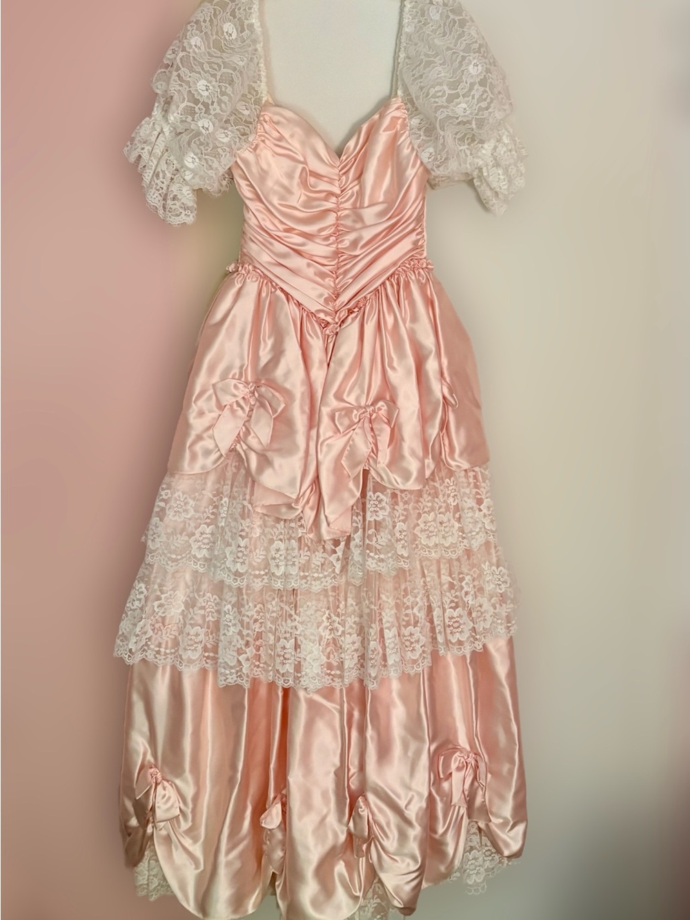 Night Moves Blush Pink Satin & Lace Prom Gown